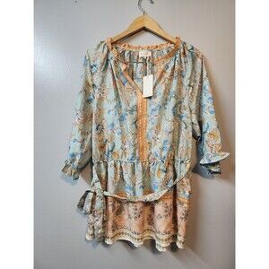 MELLÓDAY Size XL  BLOUSE tunic NEW with tag Peach & Teal peplum Tie ruffle